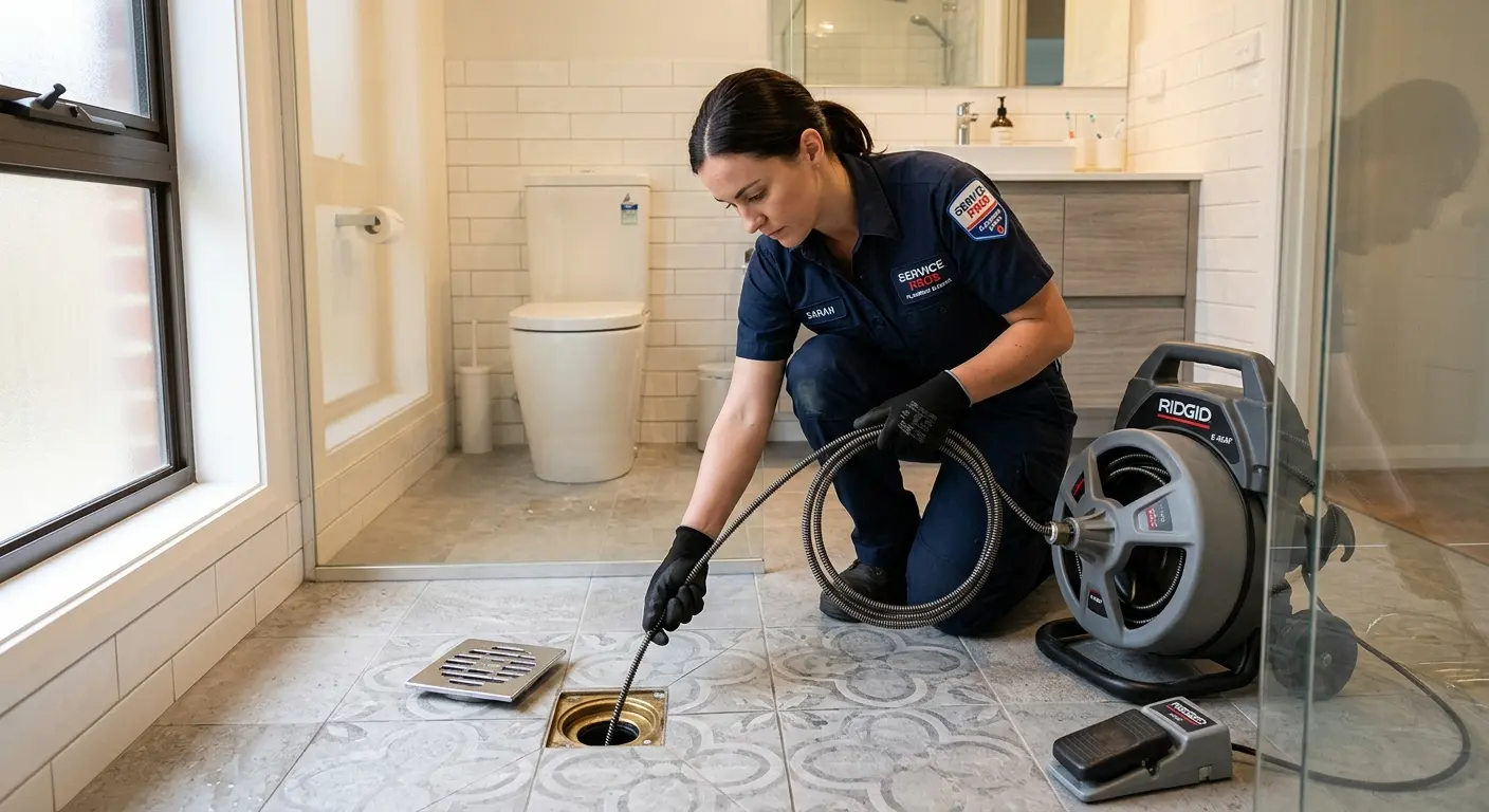 Technician clearing a bathroom floor drain for Drain Cleaning in Waterford